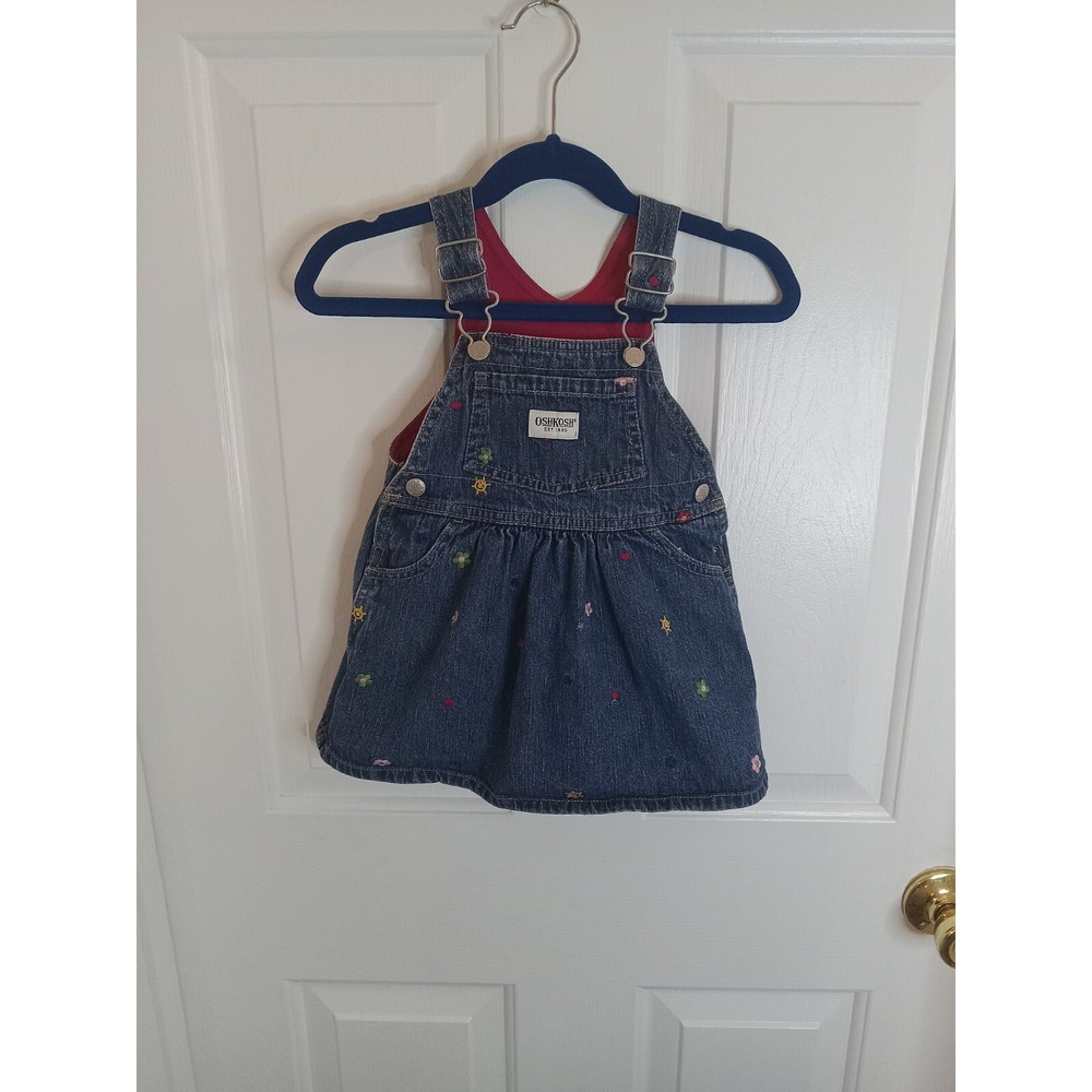 Vintage Oshkosh Girls‎ Size 18 Months Denim/Jean Blue/Flowers Jumper Dress Sun